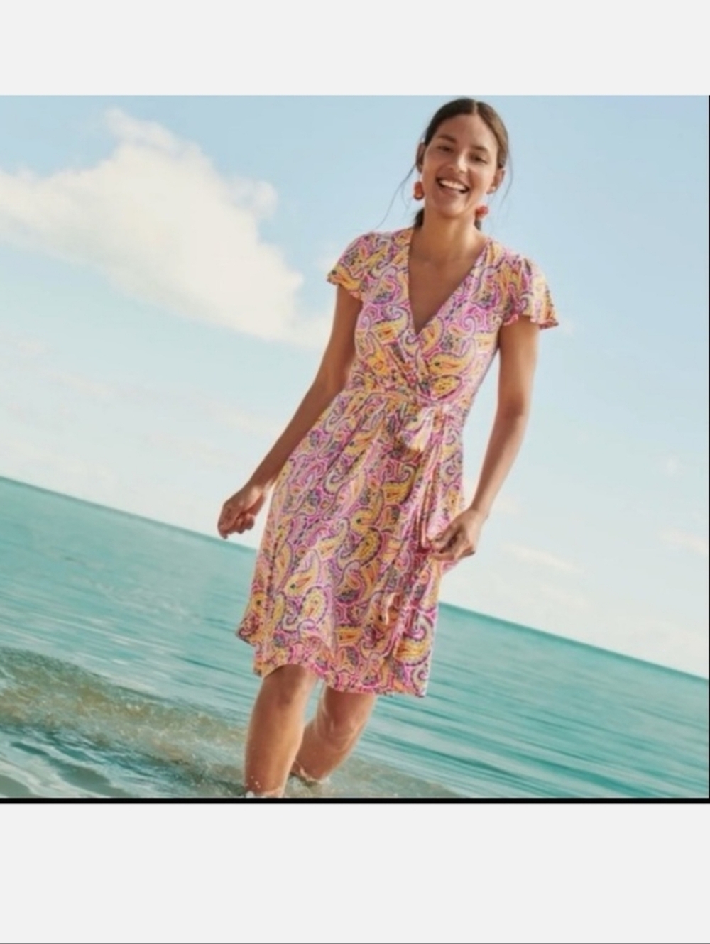 Boden Evangeline Pink Paisley Wrap Dress with Flutter Sleeves